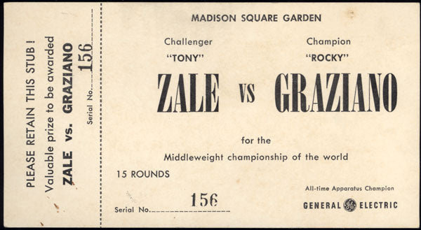 ZALE, TONY-ROCKY GRAZIANO III FULL PRIZE VOUCHER TICKET (1948)