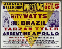 BRAZIL, BOBO-COWBOY BILL WATTS & TARZAN TYLER-ARGENTINE APOLLO WRESTLING ON SITE POSTER (1965)