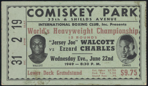 CHARLES, EZZARD-JERSEY JOE WALCOTT I STUBLESS TICKET (1949-WALCOTT WINS TITLE)