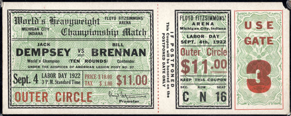 DEMPSEY, JACK-BILL BRENNAN FULL TICKET (1922)