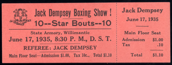 DEMPSEY, JACK AS REFEREE FULL BOXING TICKET (1935)