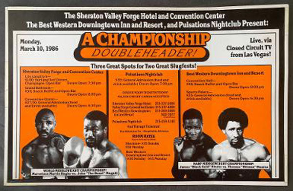 HAGLER, MARVIN-JOHN MUGABI & TOMMY HEARNS-JAMES SHULER CLOSED CIRCUIT POSTER (1986)