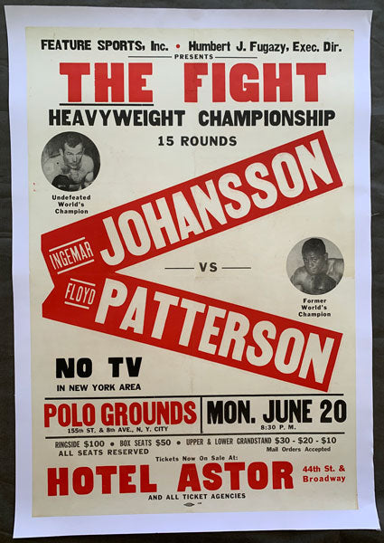 PATTERSON, FLOYD-INGEMAR JOHANSSON II ON SITE POSTER (1960-PATTERSON REGAINS HEAVYWEIGHT TITLE)