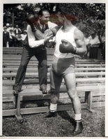 CARNERA, PRIMO & BENNY LEONARD WIRE PHOTO (1934-AS CARNERA TRAINS TO BAER)