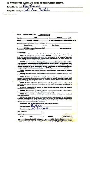 CARTER, RUBIN "HURRICANE" SIGNED MANAGEMENT CONTRACT (1962)