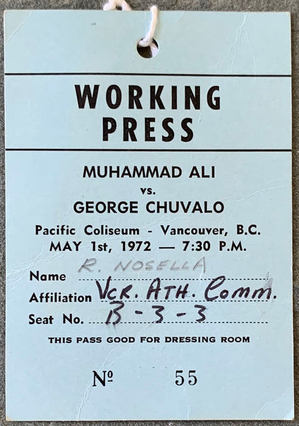 ALI, MUHAMMAD-GEORGE CHUVALO II WORKING PRESS PASS (1972)