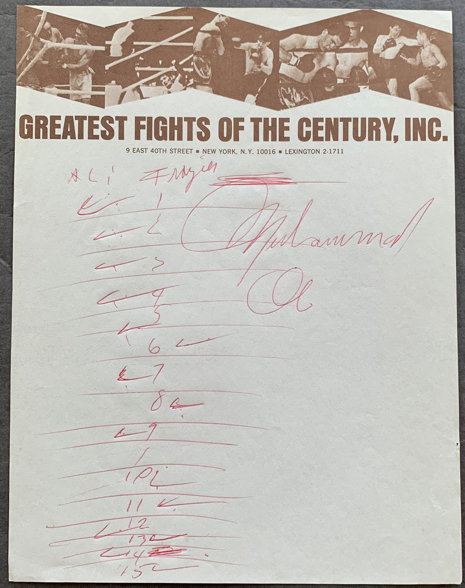 ALI, MUHAMMAD SIGNED ROUND BY ROUND SCORE SHEET FOR ALI-FRAZIER I FIGH ...