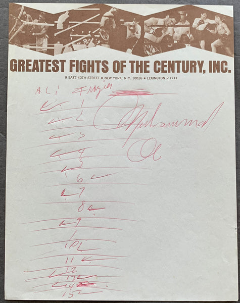 ALI, MUHAMMAD SIGNED ROUND BY ROUND SCORE SHEET FOR ALI-FRAZIER I FIGHT (1971-PSA/DNA & JSA)