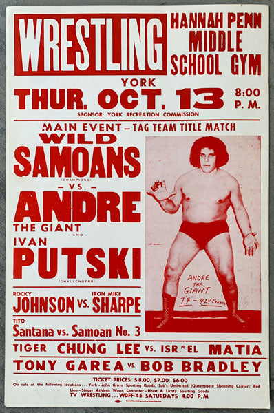 ANDRE THE GIANT & IVAN PUTSKI VS THE WILD SAMOANS (AFI & SIKA) ON SITE WRESTLING POSTER (1983)