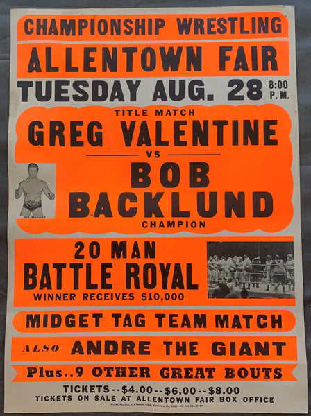 ANDRE THE GIANT 20 MAN BATTLE ROYAL & BOB BACKLUND-GREG VALENTINE ON SITE POSTER (1979)
