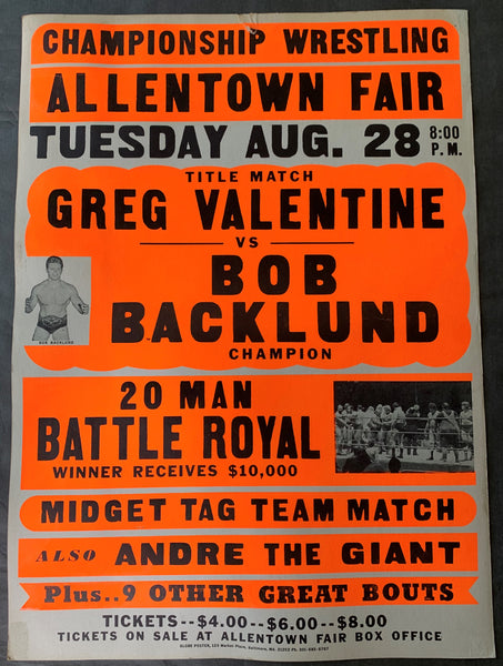 ANDRE THE GIANT 20 MAN BATTLE ROYAL & BOB BACKLUND-GREG VALENTINE ON SITE POSTER (1979)