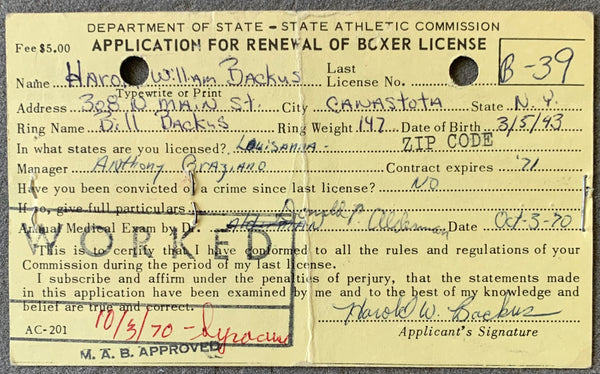 BACKUS, BILLY SIGNED NEW YORK STATE BOXER LICENSE APPLICATION (1970)