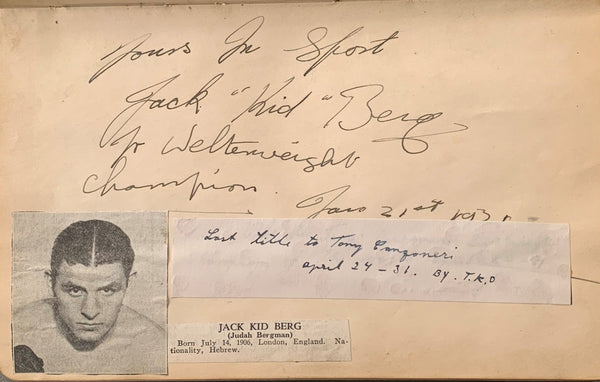 BERG, JACK "KID" INK SIGNED ALBUM PAGE (1931)