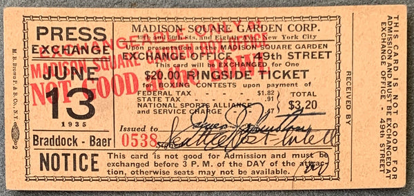 BRADDOCK, JAMES J.-MAX BAER PRESS EXCHANGE TICKET (1935)