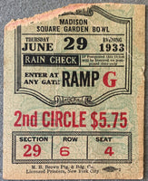 CARNERA, PRIMO-JACK SHARKEY ON SITE TICKET STUB (1933-CARNERA WINS HEAVYWEIGHT TITLE)