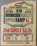 CARNERA, PRIMO-JACK SHARKEY ON SITE TICKET STUB (1933-CARNERA WINS HEAVYWEIGHT TITLE)