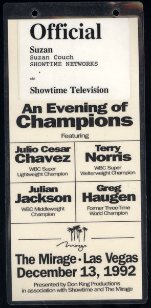 CHAVEZ, JULIO CESAR-MARTY JAKUBOWSKI & TERRY NORRIS-PAT LAWLOR & GREG HAUGEN-ARMANDO CAMPAS & JULIAN JACKSON-EDDIE HALL OFFICIAL CREDENTIAL (1992)