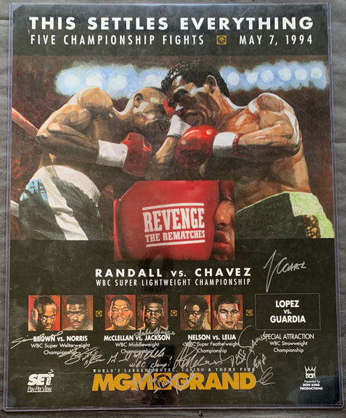 CHAVEZ, JULIO CESAR-FRANKIE RANDALL & GERALD MCCLELLAN-JULIAN JACKSON & SIMON BROWN-TERRY NORRIS & AZUMAH NELSON-JESSE JAMES LEIJA SIGNED ON SITE POSTER (1994-SIGNED BY ALL)
