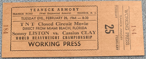 CLAY, CASSIUS-SONNY LISTON I FULL WORKING PRESS CLOSED CIRCUIT TICKET (1964)
