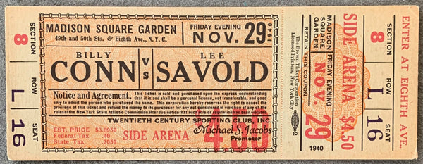 CONN, BILLY-LEE SAVOLD FULL ON SITE TICKET (1940)