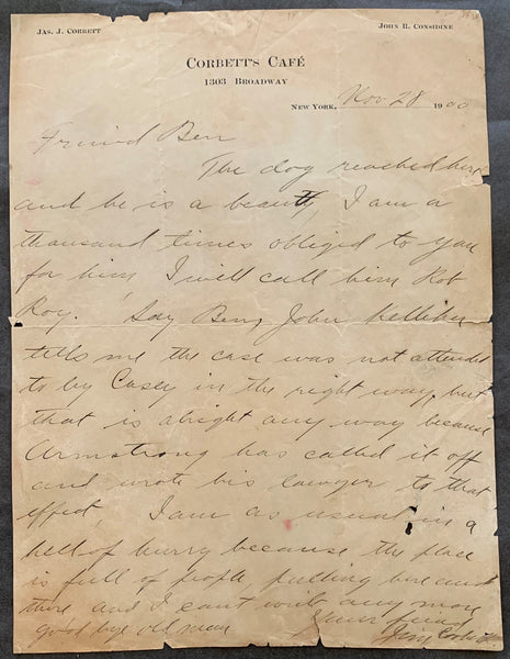CORBETT, JAMES J. HAND WRITTEN & SIGNED LETTER (1900-PSA/DNA AUTHENTICATED)