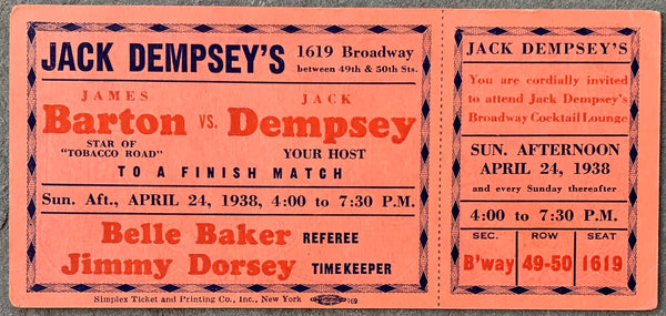 DEMPSEY, JACK EXHIBITION FULL TICKET (1938)