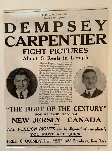 DEMPSEY, JACK-GEORGES CARPENTIER FIGHT FIM BROADSIDE (1921)