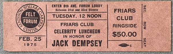 DEMPSEY, JACK FRIARS CLUB FULL TICKET (1975)