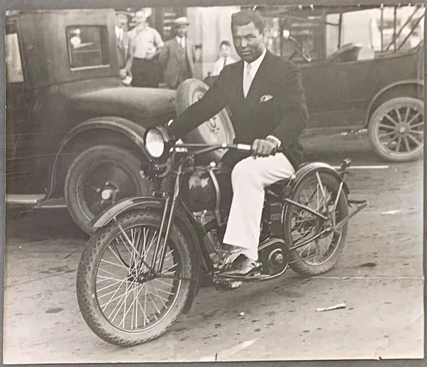 DEMPSEY, JACK ORIGINAL PHOTO (1920'S RIDING A HARLEY DAVIDSON)