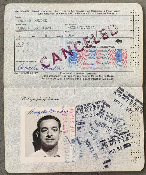 DUNDEE, ANGELO SIGNED PASSPORT (1961-1965 INCLUDING CLAy-COOPER I FIGHT)-JSA & DUNDEE FAMILY LOAS)