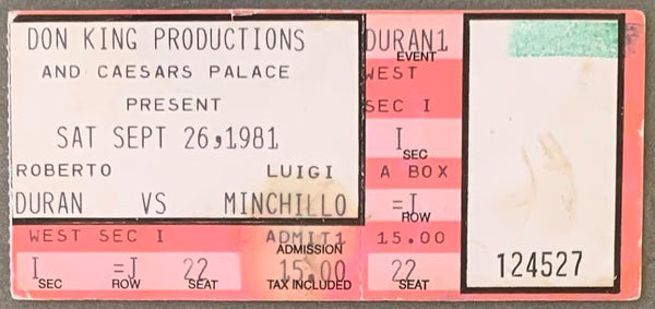 DURAN, ROBERTO-LUIGI MINCHILLO ON SITE STUBLESS TICKET (1981)