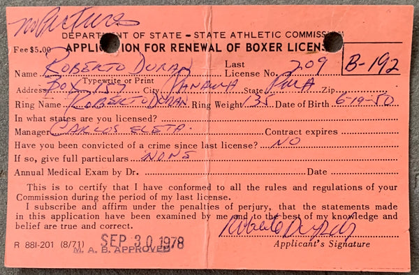 DURAN, ROBERTO SIGNED BOXER LICENSE APPLICATION (1978-PSA/DNA) – JO ...