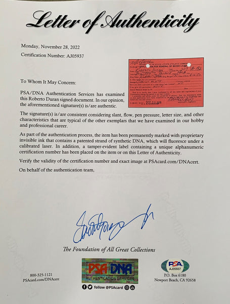 DURAN, ROBERTO SIGNED BOXER LICENSE APPLICATION (1978-PSA/DNA) – JO ...