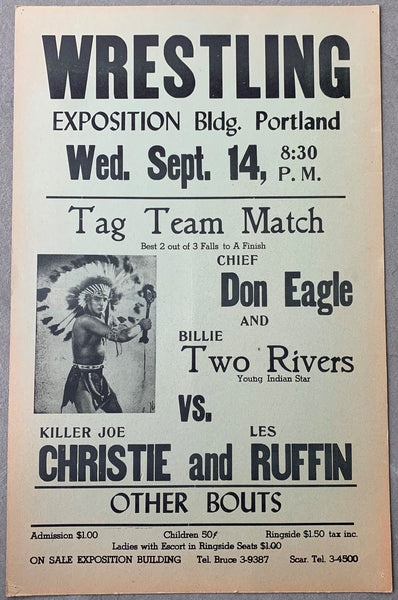 EAGLE, DON & BILLIE TWO RIVERS-KILLER JOE CHRISTIE & LES RUFFIN TAG TEAM WRESTLING ON SITE POSTER (1955)