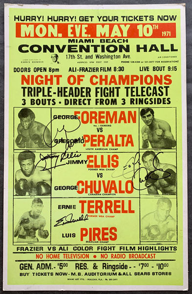 FOREMAN, GEORGE-GREGORIO PERALTA & ERNIE TERRELL-LUIS PIRES & JIMMY ELLIS-GEORGE CHUVALO SIGNED CLOSED CIRCUIT POSTER (1971-SIGNED BY FOREMAN, ELLIS, CHUVALO, TERRELL)