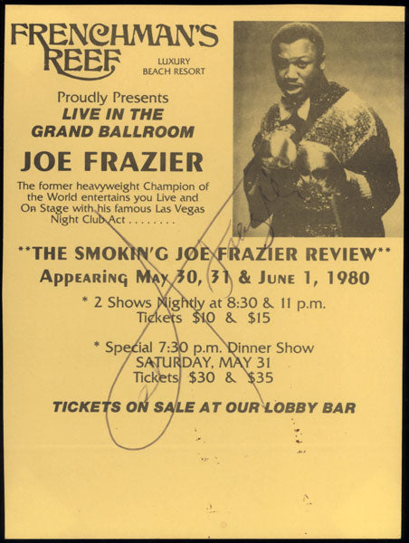 FRAZIER, JOE MUSICAL REVIEW VINTAGE SIGNED ADVERTISING CARD (1980)