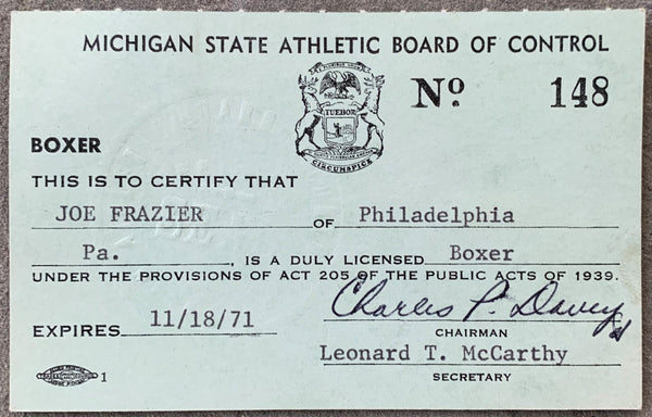 FRAZIER, JOE MICHIGAN BOXING LICENSE (1971-AS WORLD HEAVYWEIGHT CHAMPION)