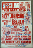 JOHNSON, ROCKY-SUPERSTAR BILLY GRAHAM & THE STRONGBOW BROTHERS-THE WILD SAMOANS SIGNED ON SITE POSTER (1983-JSA)