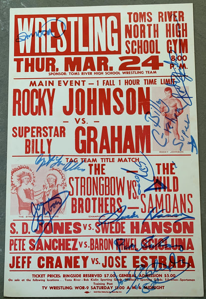 JOHNSON, ROCKY-SUPERSTAR BILLY GRAHAM & THE STRONGBOW BROTHERS-THE WILD SAMOANS SIGNED ON SITE POSTER (1983-JSA)