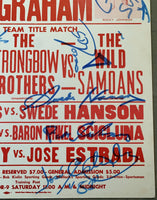 JOHNSON, ROCKY-SUPERSTAR BILLY GRAHAM & THE STRONGBOW BROTHERS-THE WILD SAMOANS SIGNED ON SITE POSTER (1983-JSA)