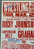 JOHNSON, ROCKY-SUPERSTAR BILLY GRAHAM & THE STRONGBOW BROTHERS-THE WILD SAMOANS SIGNED ON SITE POSTER (1983-JSA)