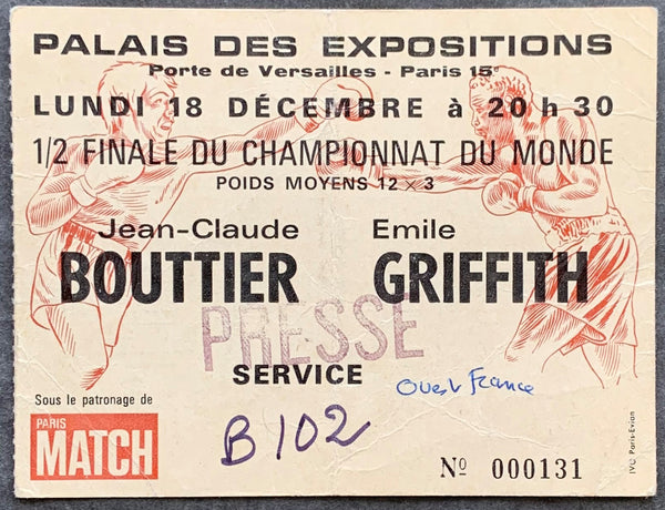 GRIFFITH, EMILE-JEAN CLAUDE BOUTTIER ON SITE STUBLESS TICKET (1972)