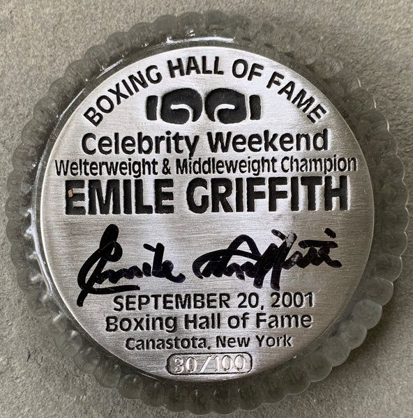 GRIFFITH, EMILE SIGNED BOXING HALL OF FAME PAPERWEIGHT