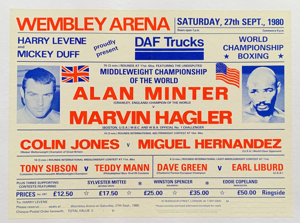 HAGLER, MARVIN-ALAN MINTER ON SITE POSTER (1980-HAGLER WINS MIDDLEWEIGHT TITLE)