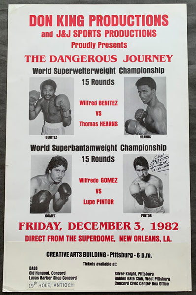 HEARNS, THOMAS-WILFRED BENITEZ & WILFREDO GOMEZ-LUPE PINTOR SIGNED CLOSED CIRCUIT POSTER (1982-SIGNED BY PINTOR)