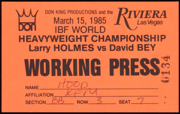 HOLMES, LARRY-DAVID BEY WORKING PRESS CREDENTIAL (1985)