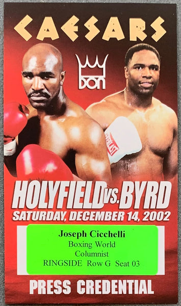 HOLYFIELD, EVANDER-CHRIS BYRD PRESS CREDENTIAL (2002-BYRD WINS HEAVYWEIGHT TITLE)