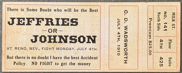 JOHNSON, JACK-JIM JEFFRIES FULL ADVERTISING TICKET POSTCARD (1910)