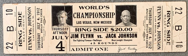 JOHNSON, JACK-JIM "FIREMAN" FLYNN FULL ON SITE TICKET (1912)