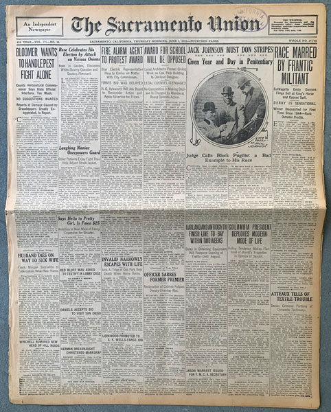 JOHNSON, JACK SENTENCED TO JAIL NEWSPAPER (1913)